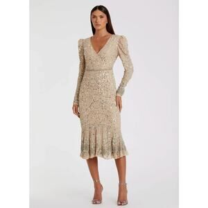 Mac Duggal Beige Sequin Dress with Embellished Hemline and Belt - Size 8 - NWT